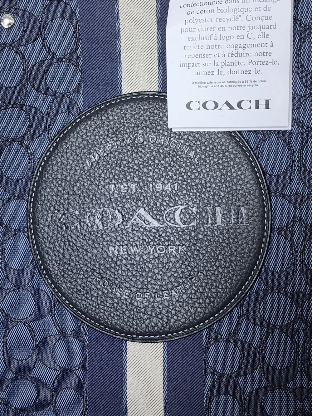 NWT Coach Dempsey Tote 40 In Navy Signature Denim with Stripe and Leather Trim